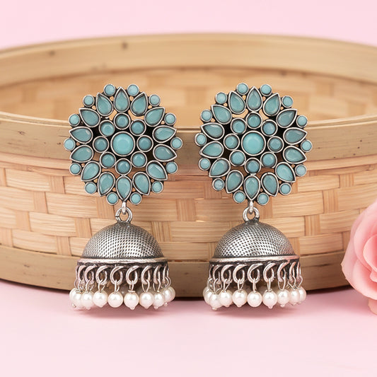 Floral carves stone studded jhumki earrings (Mint)