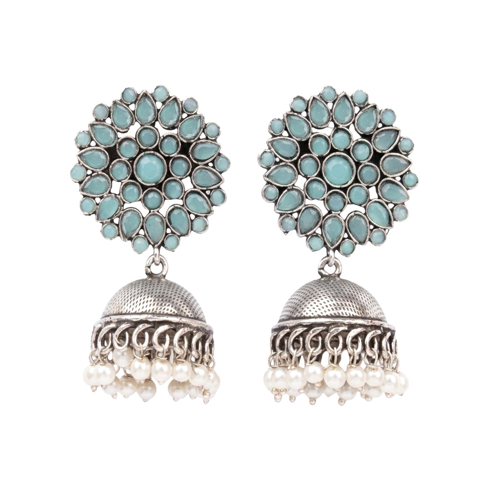 Floral carves stone studded jhumki earrings (Mint)
