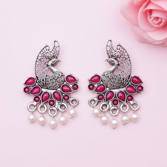 Peacock pearls studds earrings (Red)