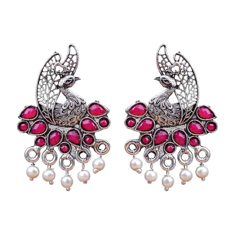 Peacock pearls studds earrings (Red)