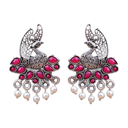 Peacock pearls studds earrings (Red)