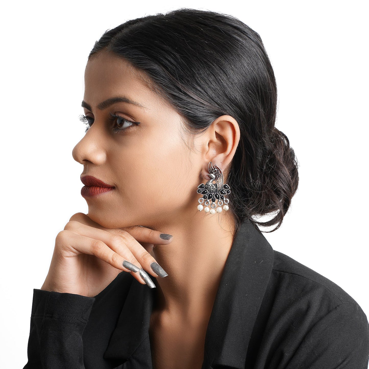 Peacock glow stone studded dangler & Peacock pearls studds Combo set