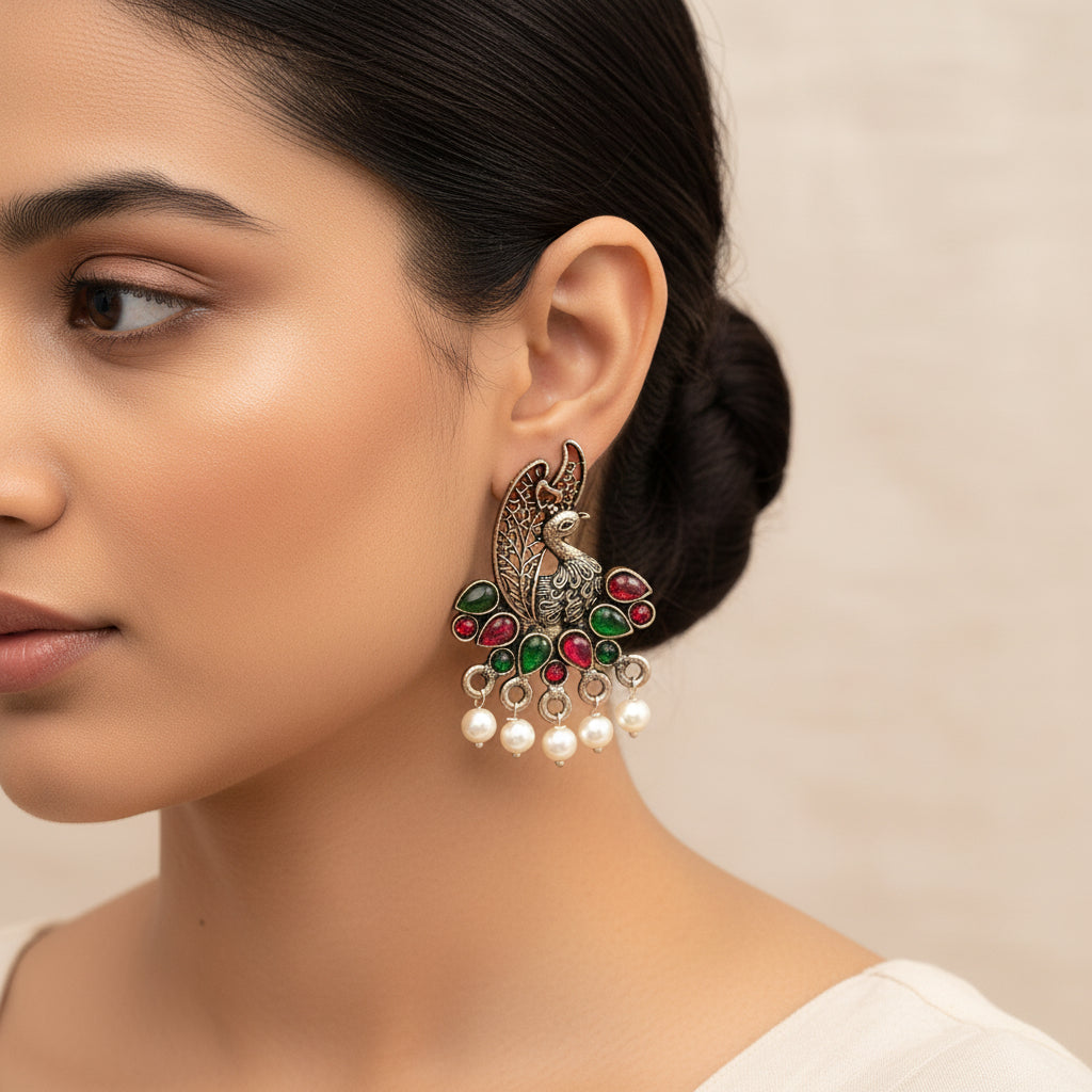 Peacock pearls studds earrings (Multicolored)