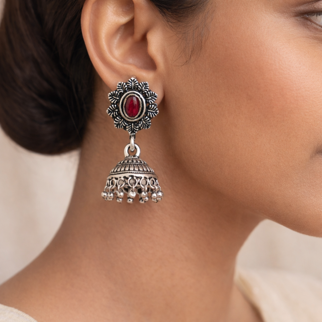 floral charm traditional jhumka earrings (Red)
