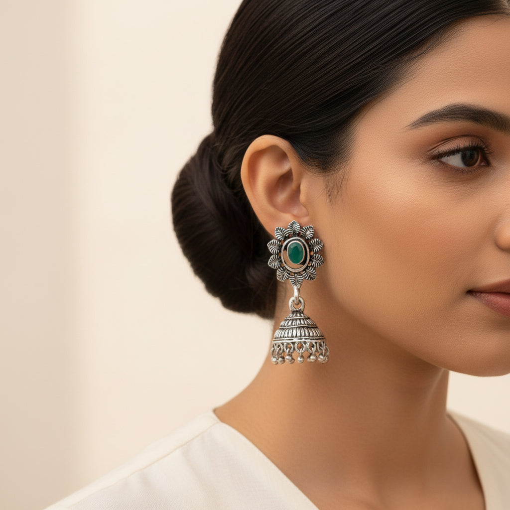 floral charm traditional jhumka earrings (Green)