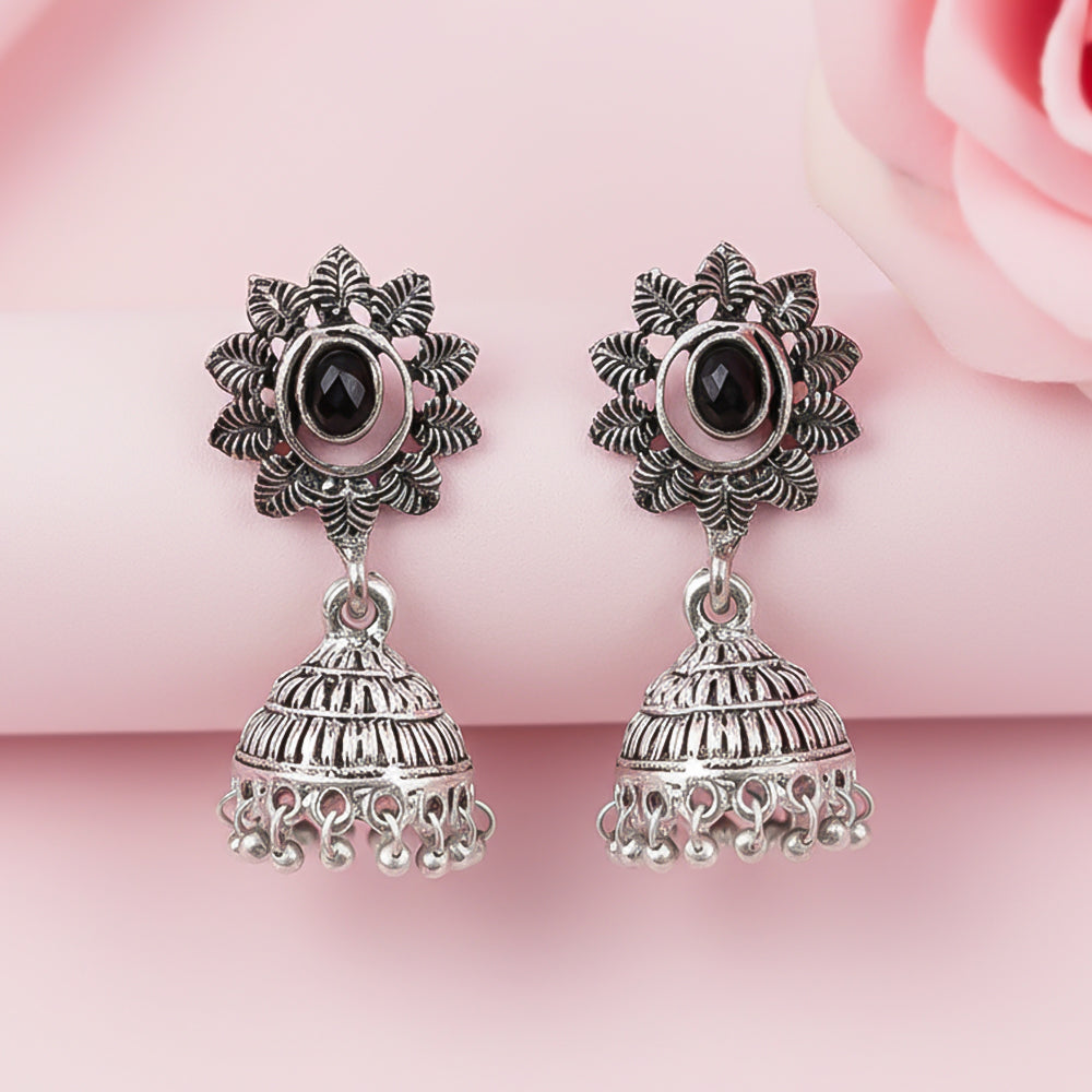 floral charm traditional jhumka earrings (Black)