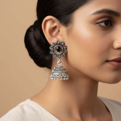 Carved Charm Dangler earrings (White) floral charm traditional jhumka earrings (Black) Combo set