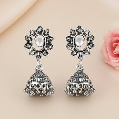 floral charm traditional jhumka earrings (White)