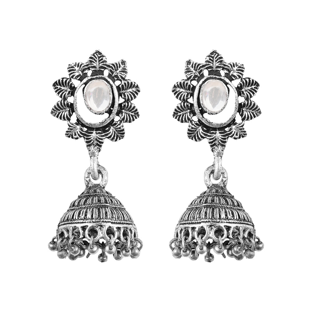 floral charm traditional jhumka earrings (White)