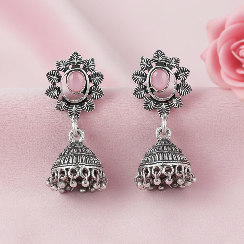 floral charm traditional jhumka earrings (Baby Pink)