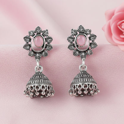floral charm traditional jhumka earrings (Baby Pink)