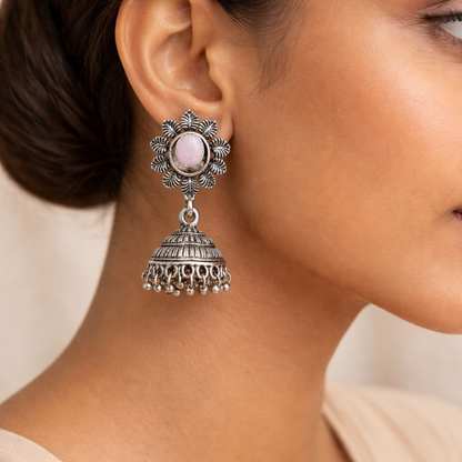 floral charm traditional jhumka earrings (Baby Pink)