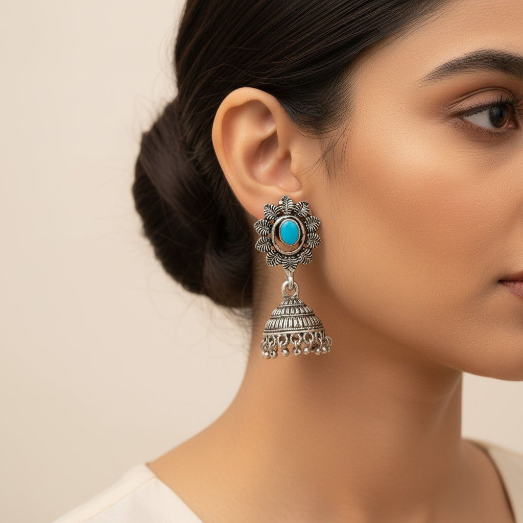 floral charm traditional jhumka earrings (Sky Blue)