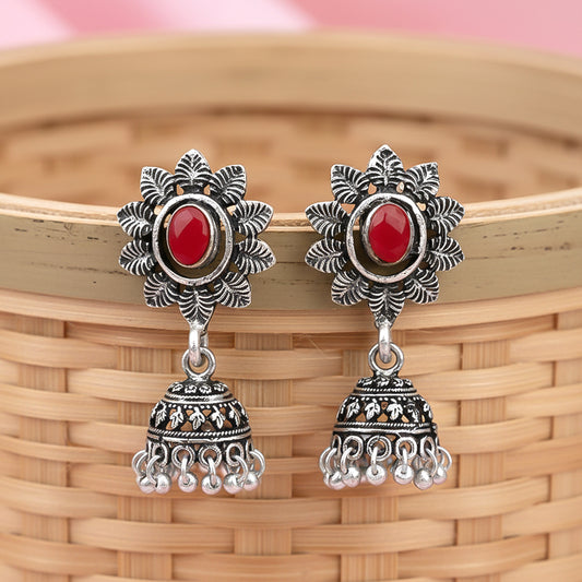 floral charm traditional jhumka earrings (Dark Red)
