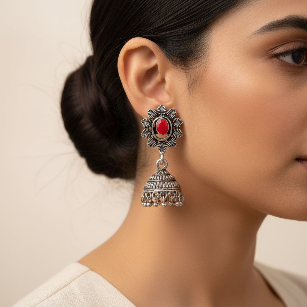 floral charm traditional jhumka earrings (Dark Red)