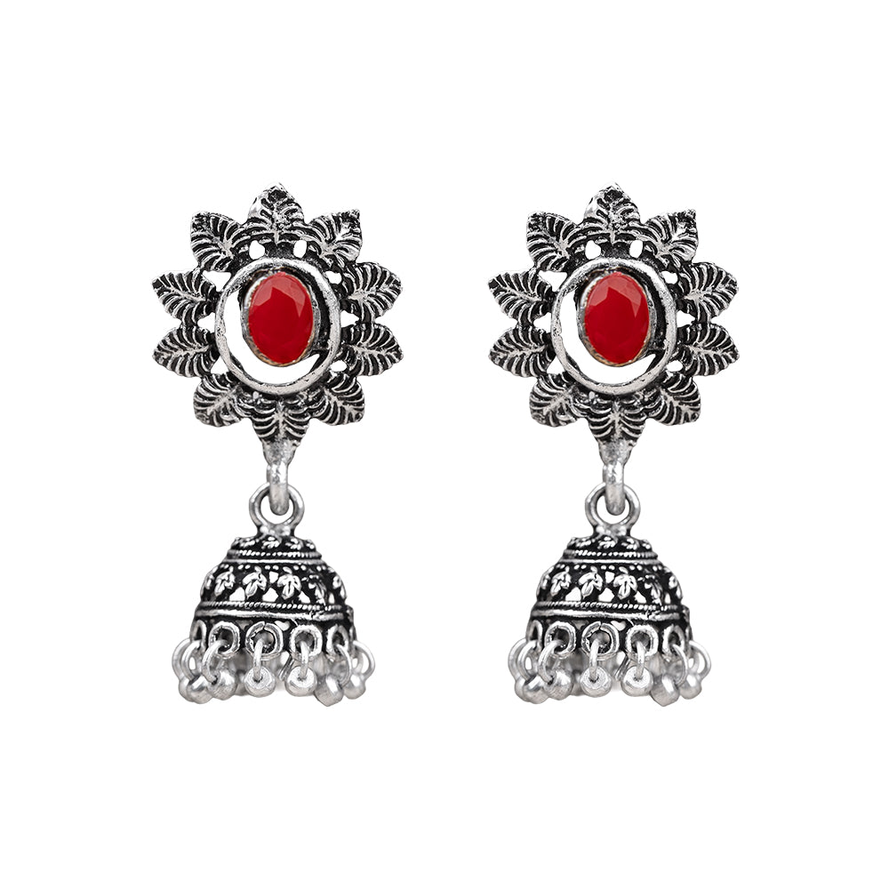 floral charm traditional jhumka earrings (Dark Red)