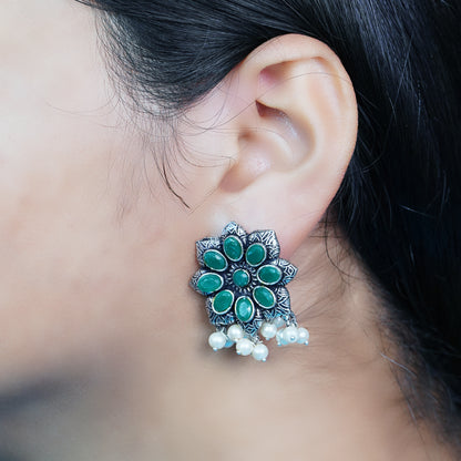 Jugni vibrant stud earrings (Green) & Fine Shine stud earrings (White) Combo set