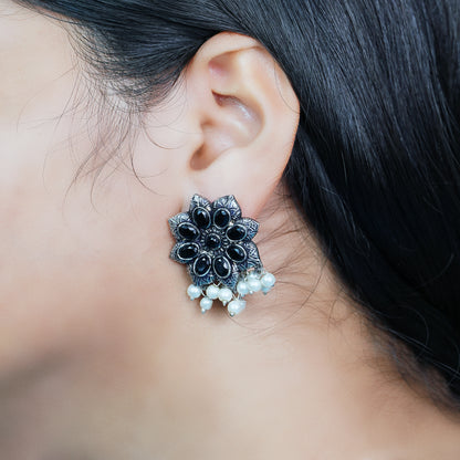 Jugni vibrant stud earrings (Black)&Leaf Cascade jhumki earrings (Multicolored) Combo set