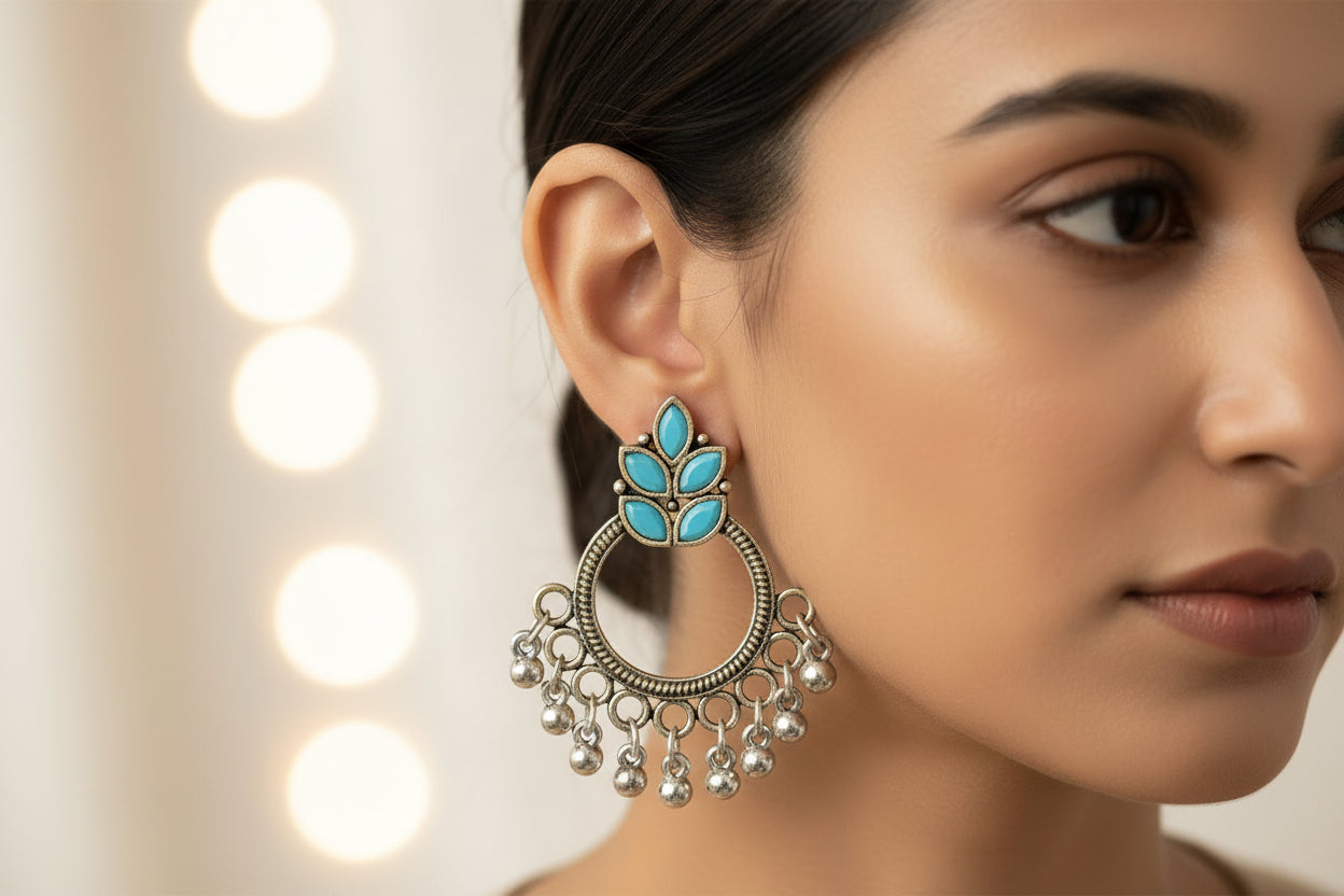 Carved Charm Dangler earrings (White) Fine Shine stud earrings (Mint) Combo set