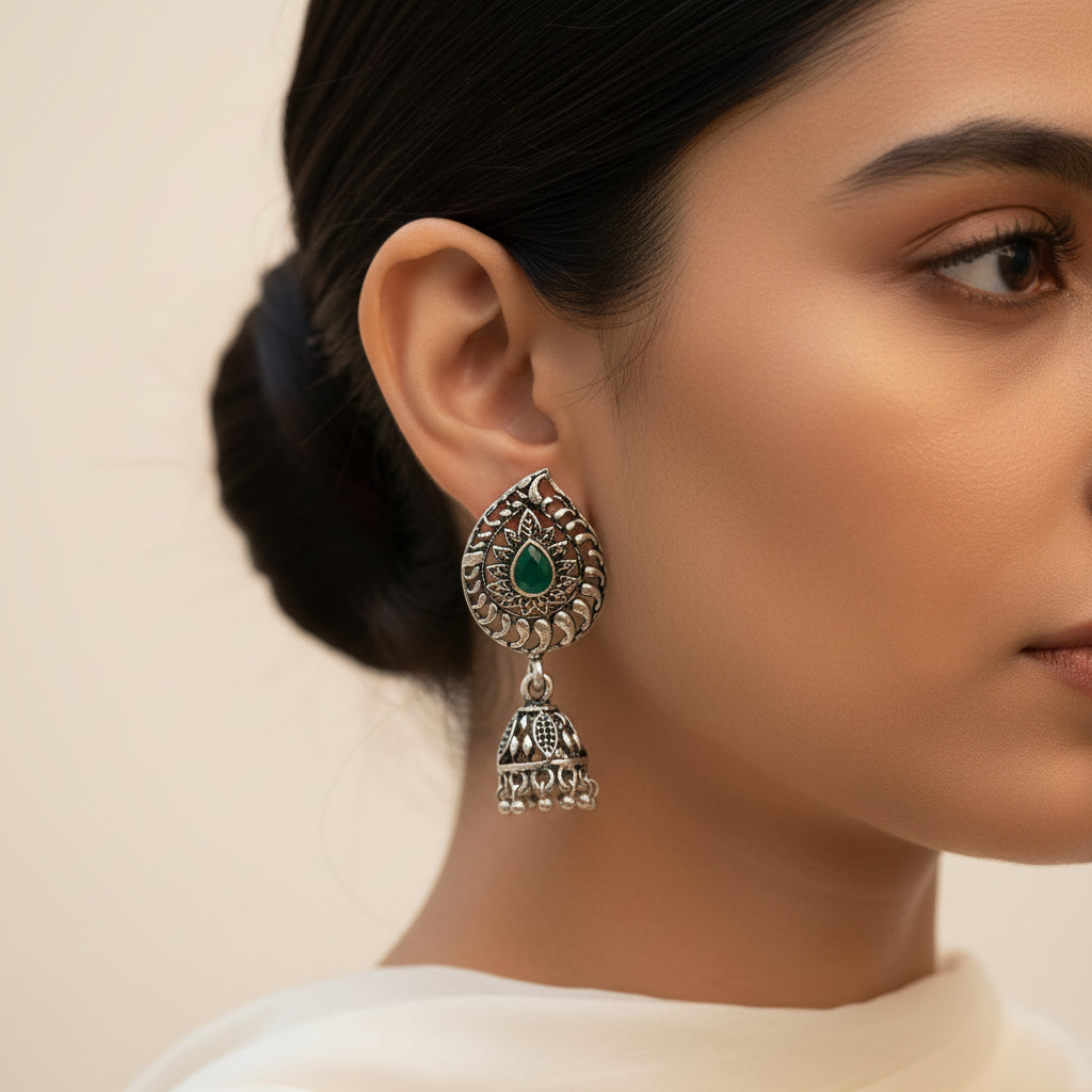 Rain Drop Rani Hanging Jhumki Earrings (Green)