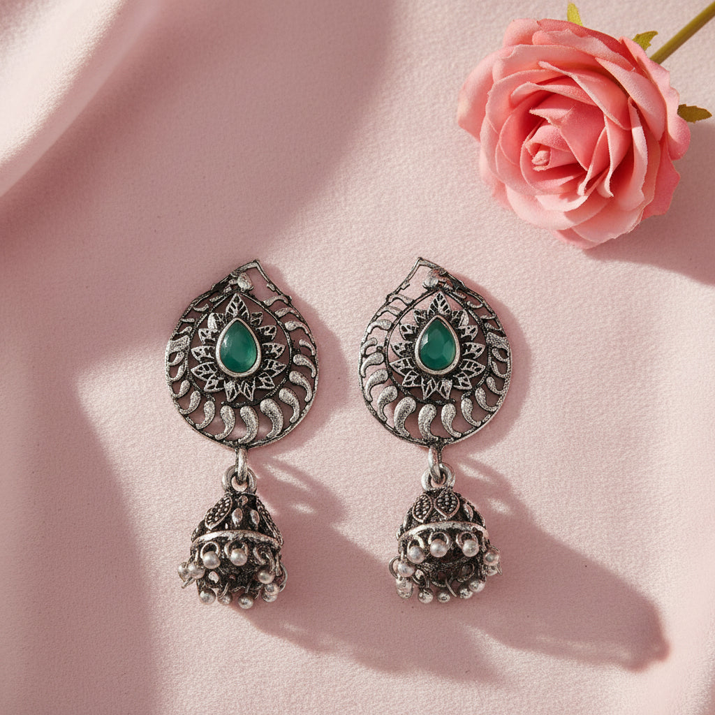 Rain Drop Rani Hanging Jhumki Earrings (Green)