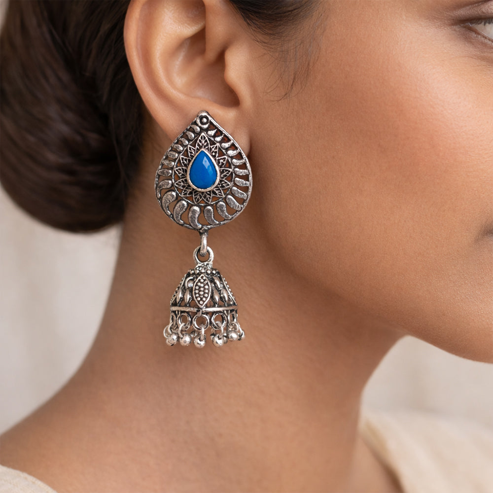 Rain Drop Rani Hanging Jhumki Earrings (Blue)