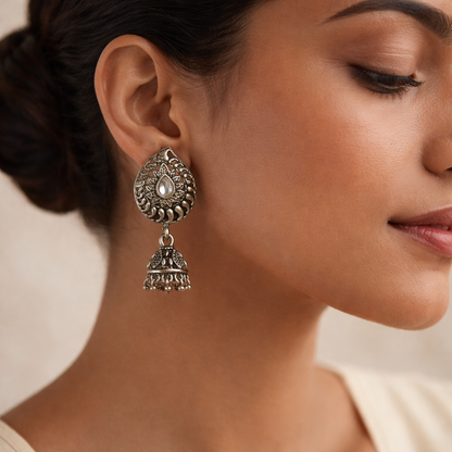 Rain Drop Rani Hanging Jhumki Earrings (White)