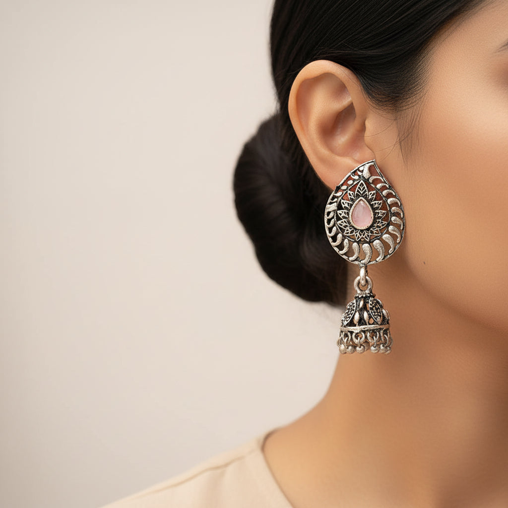 Rain Drop Rani Hanging Jhumki Earrings (Baby Pink)