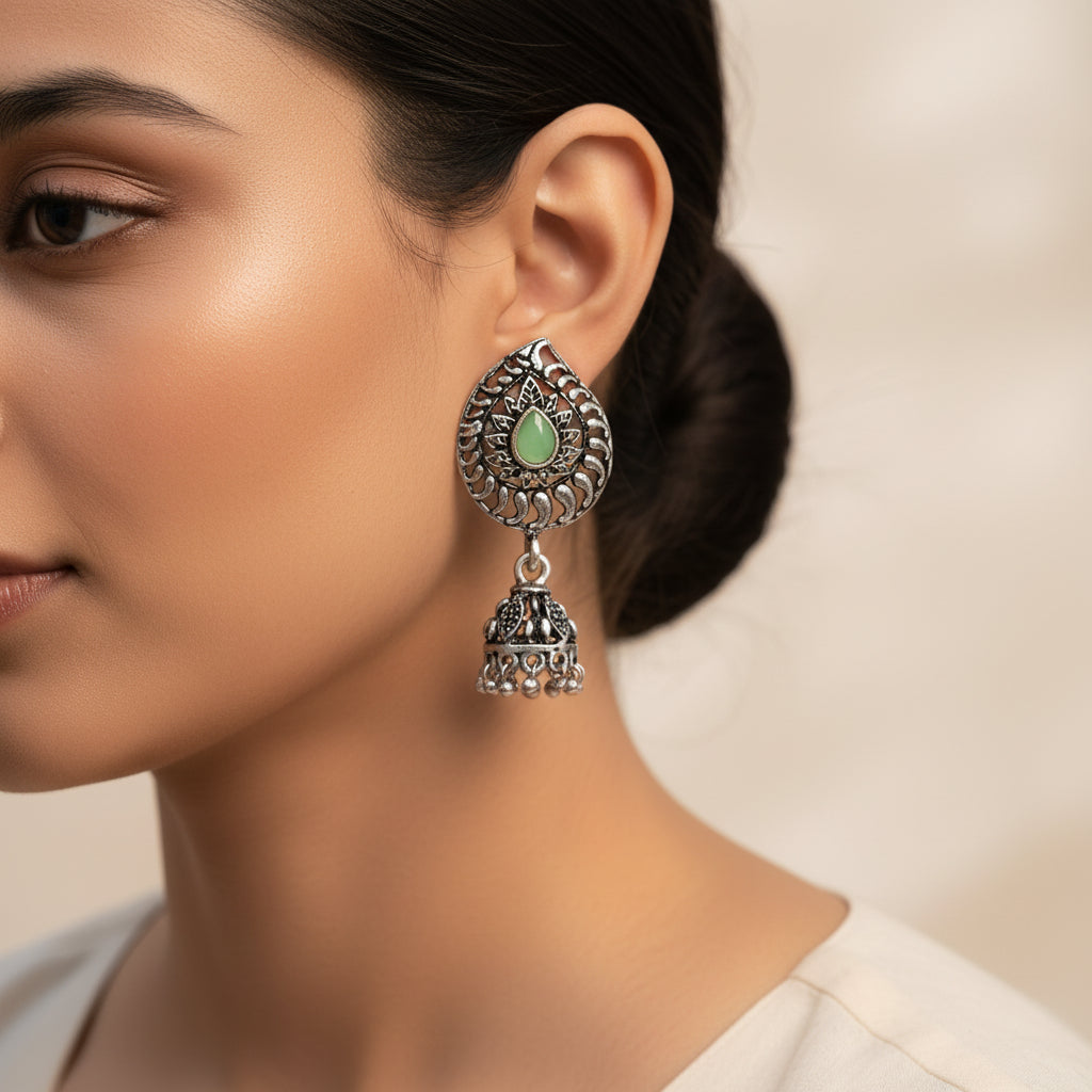 Rain Drop Rani Hanging Jhumki Earrings (Pista)