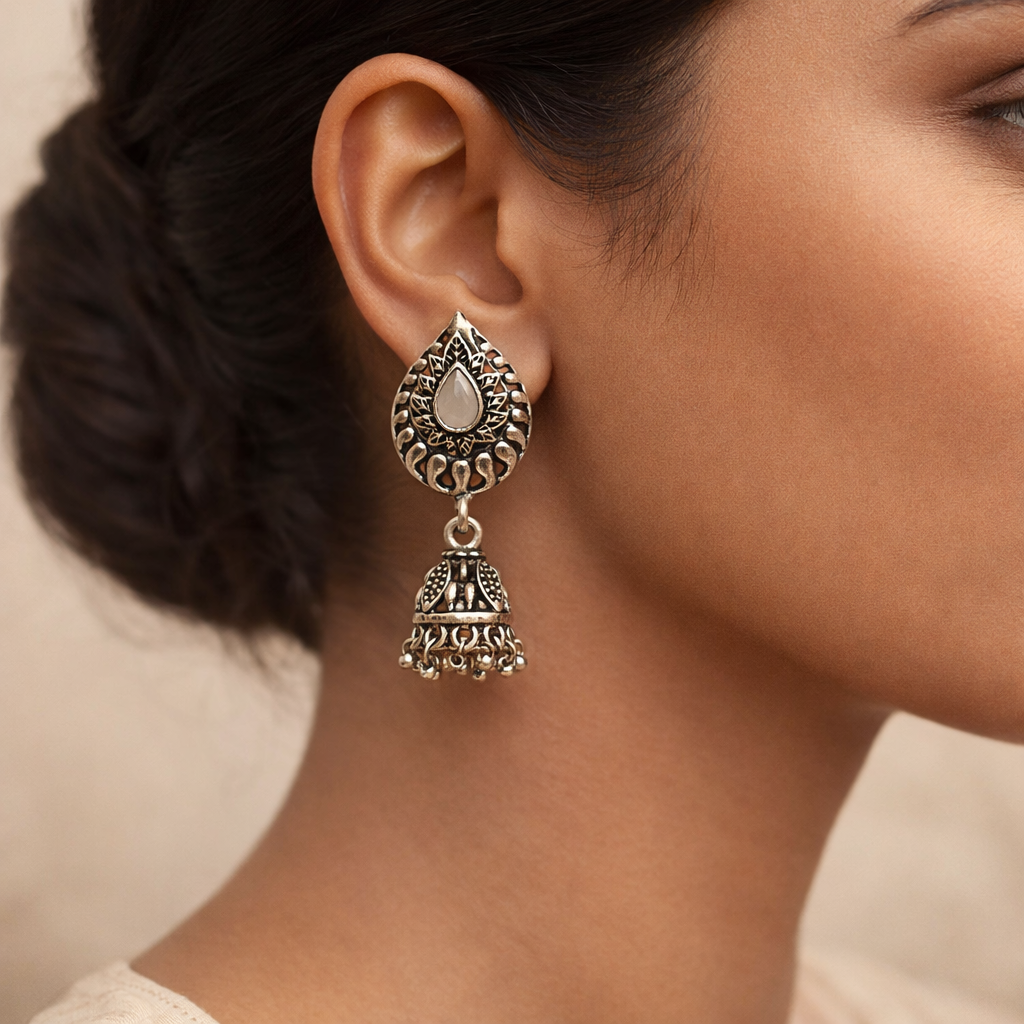 Rain Drop Rani Hanging Jhumki Earrings (Grey)