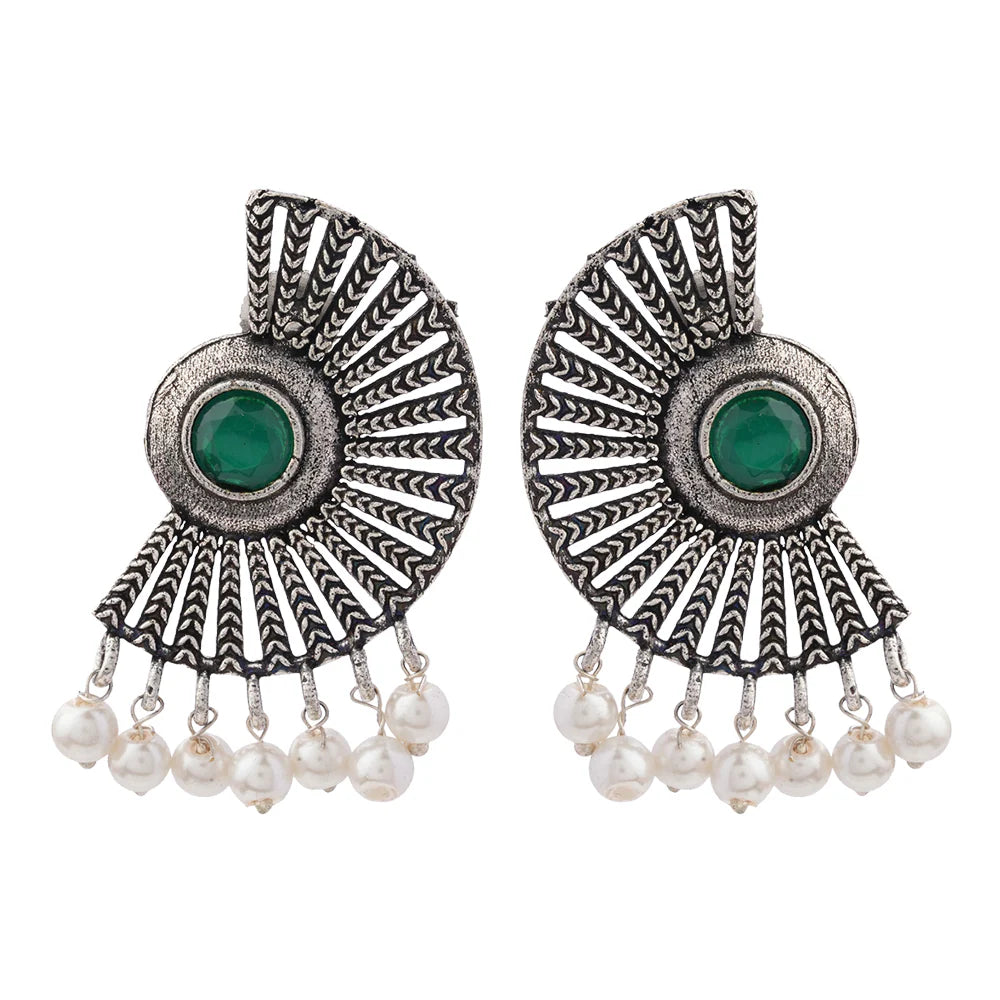 Royal Triple Bell Layered Jhumka Earring (Black) Bloom Arc pearl stud earring (Green) Combo set