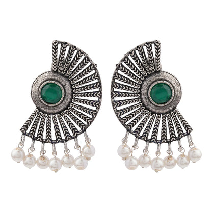 Carved Charm Dangler earrings (White) Bloom Arc pearl stud earring (Green) Combo set