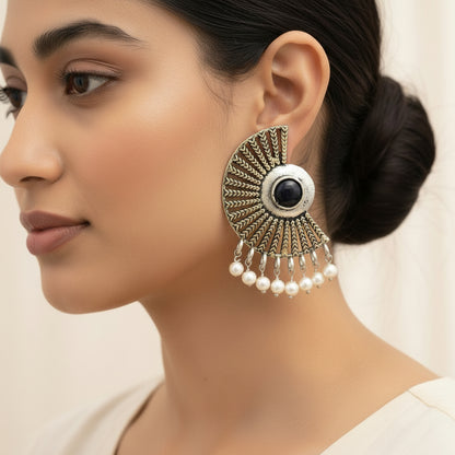 Royal Triple Bell Layered Jhumka Earring (Black) Bloom Arc pearl stud earring (Blue) Combo set