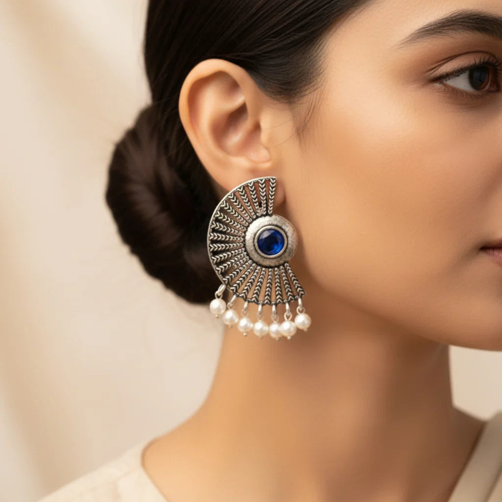 Kalash Kamal earring  Bloom Arc pearl stud earring (Blue) Combo set
