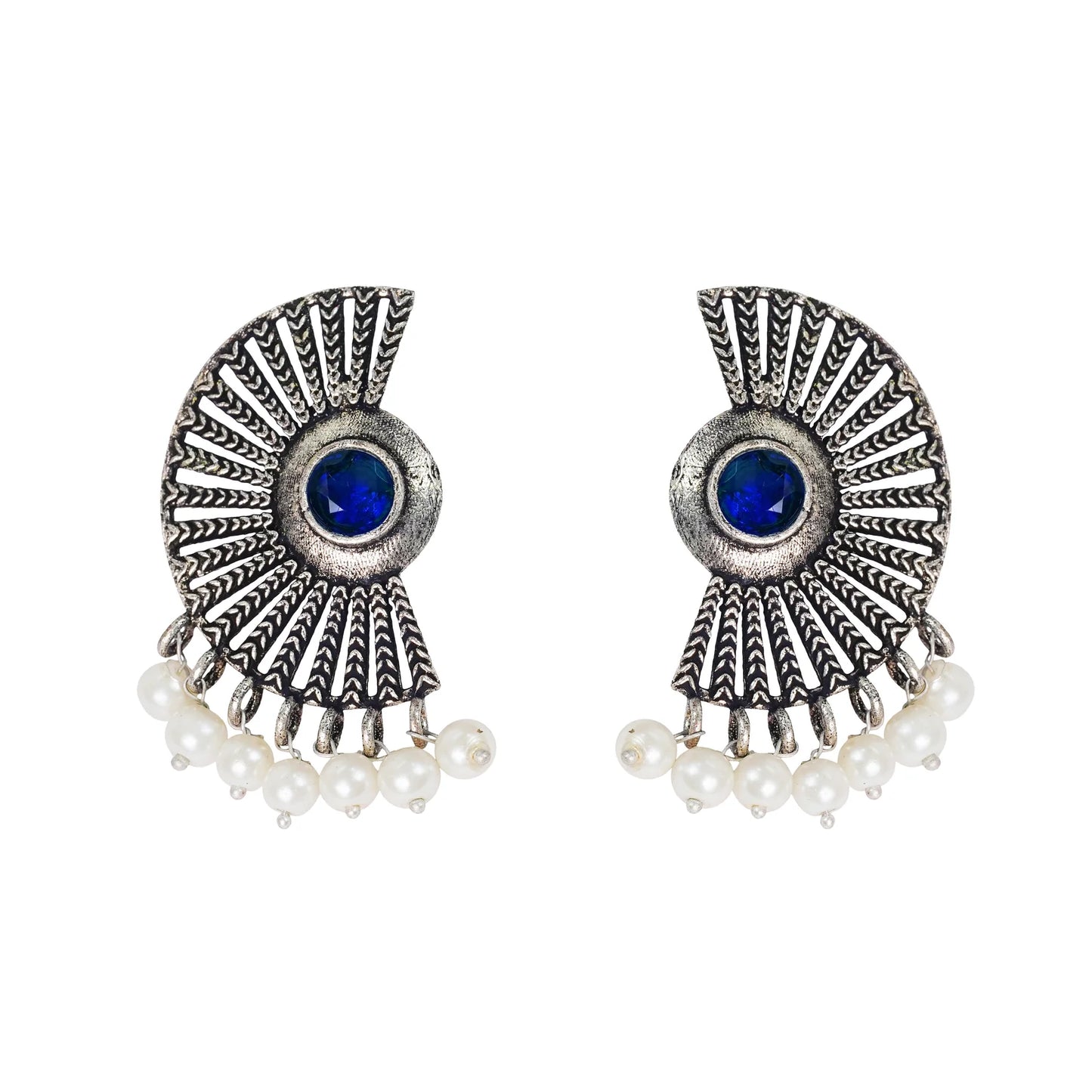 Royal Triple Bell Layered Jhumka Earring (Black) Bloom Arc pearl stud earring (Blue) Combo set