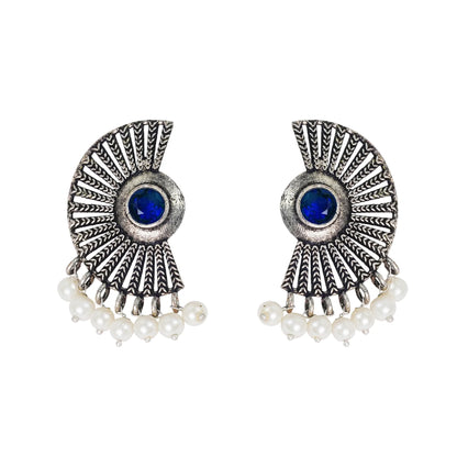 Royal Triple Bell Layered Jhumka Earring (Black) Bloom Arc pearl stud earring (Blue) Combo set