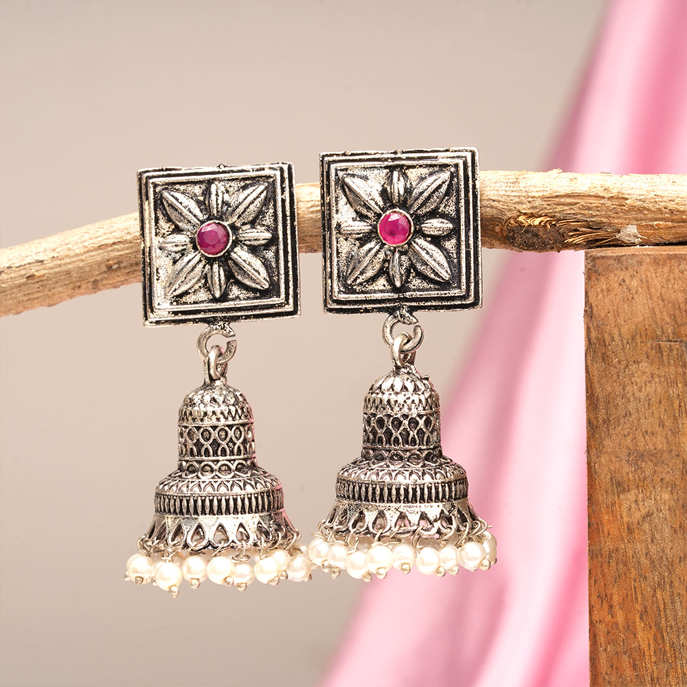 Petal Frame hanging Jhumki Earrings (Red)