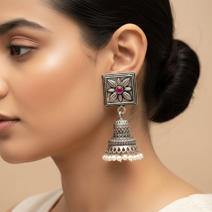 Petal Frame hanging Jhumki Earrings (Red)