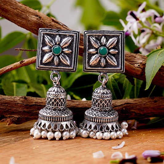 Petal Frame hanging Jhumki Earrings (Green)