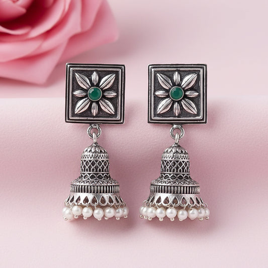 Petal Frame hanging Jhumki Earrings (Green)