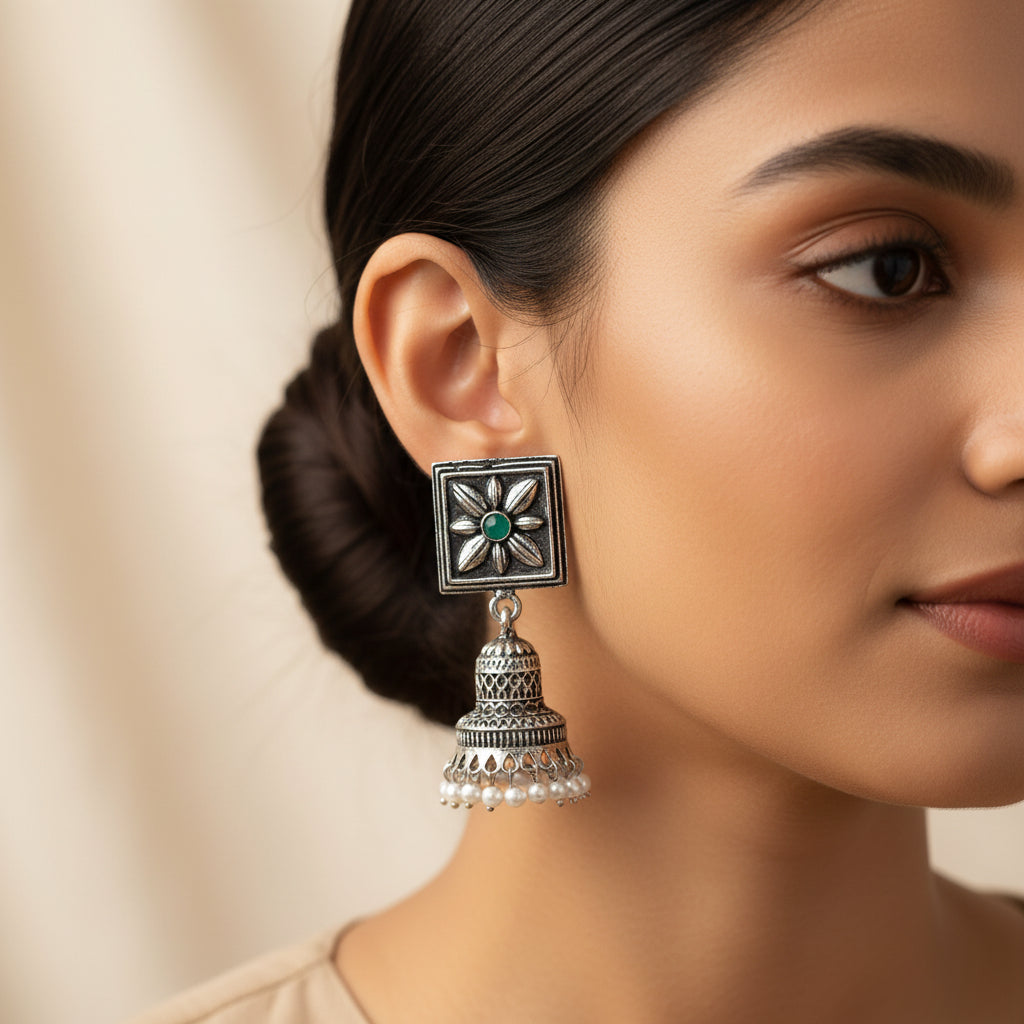 Petal Frame hanging Jhumki Earrings (Green)