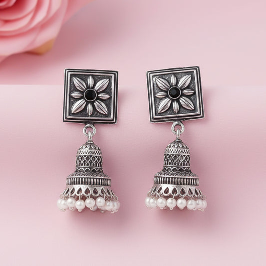 Petal Frame hanging Jhumki Earrings (Black)