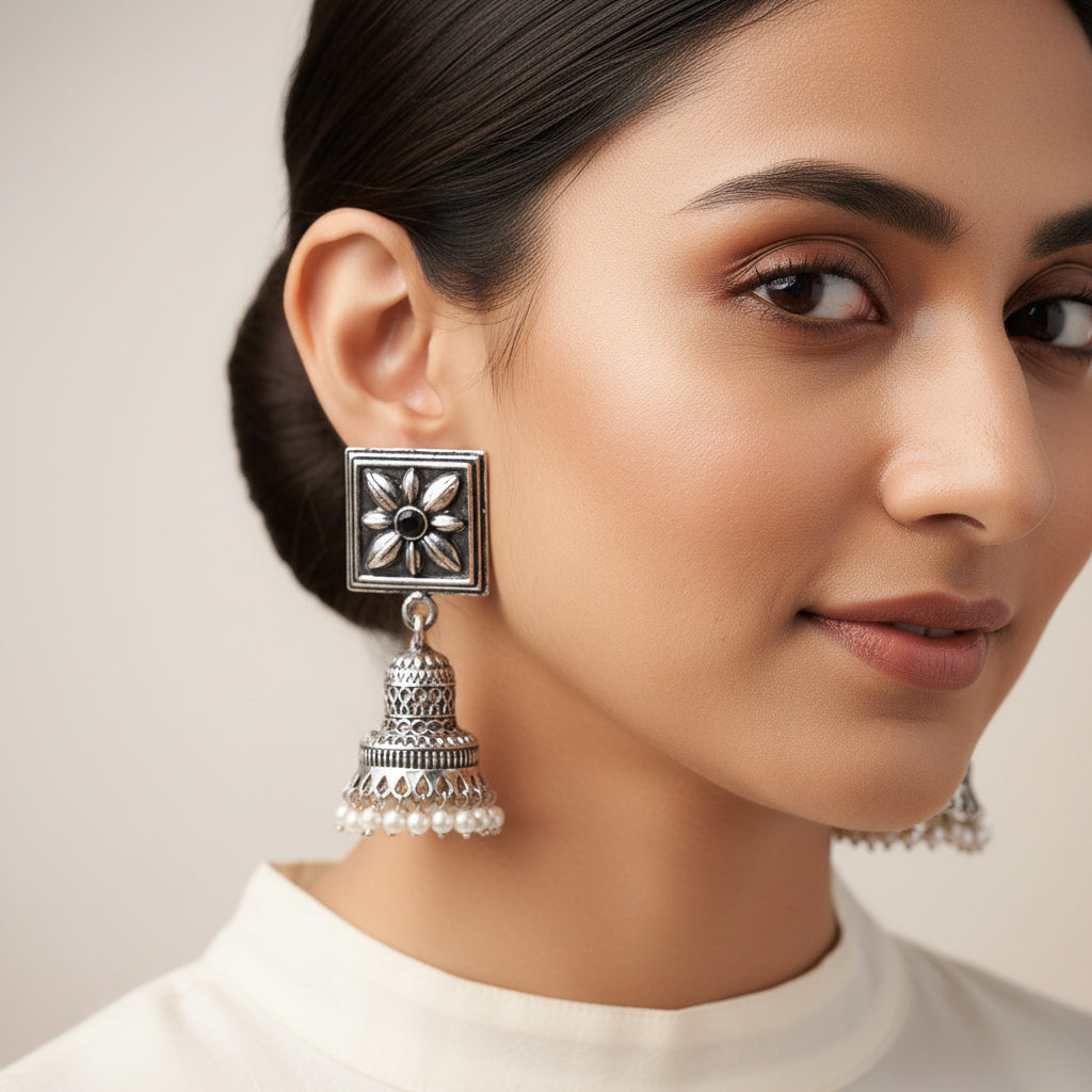 Petal Frame hanging Jhumki Earrings (Black)