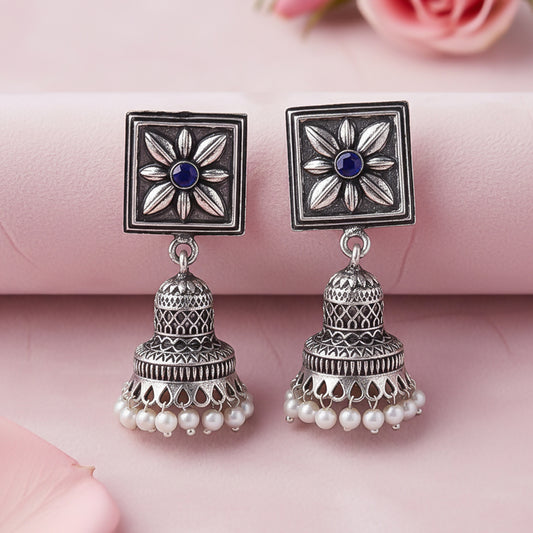 Petal Frame hanging Jhumki Earrings (Blue)