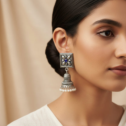 Petal Frame hanging Jhumki Earrings (Blue)