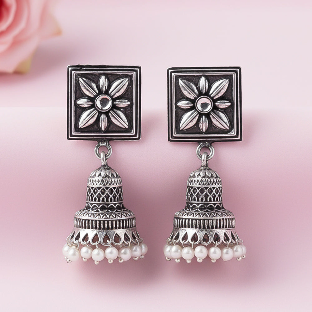 Petal Frame hanging Jhumki Earrings (White)