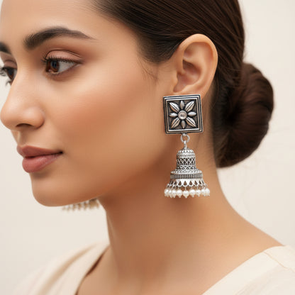 Petal Frame hanging Jhumki Earrings (White)