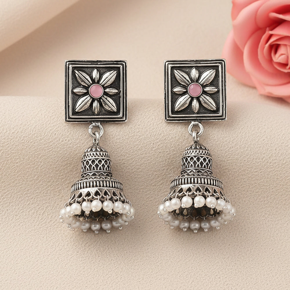 Petal Frame hanging Jhumki Earrings (Baby Pink)