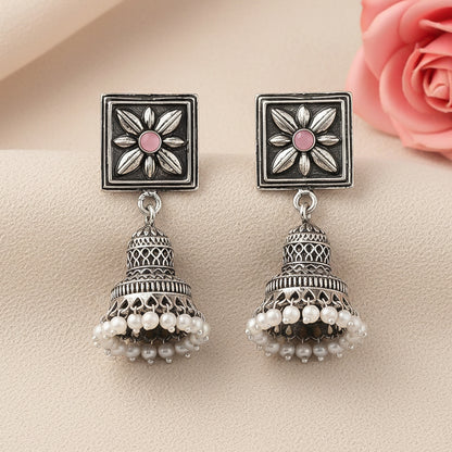 Petal Frame hanging Jhumki Earrings (Baby Pink)