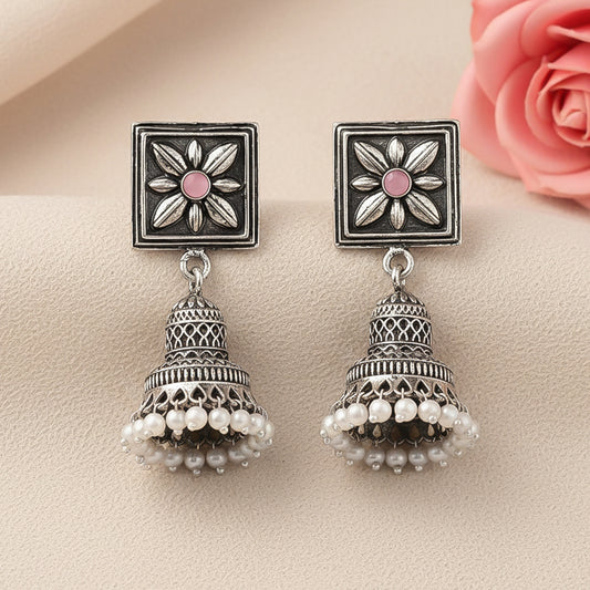 Petal Frame hanging Jhumki Earrings (Baby Pink)